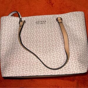 GUESS beige tan logo tote handbag with pouch